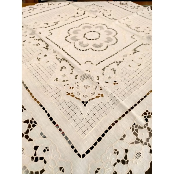 Table Topper square in cream colour cut work and fullstitch